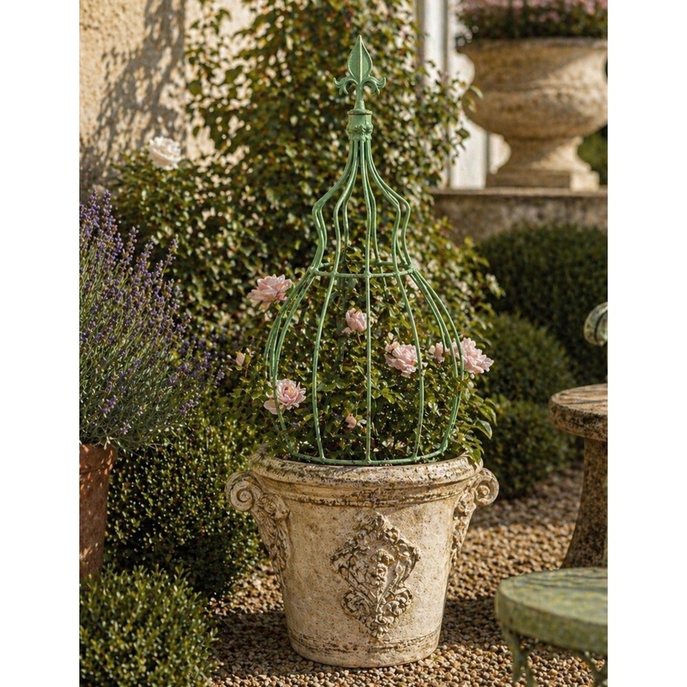 Vintage French Verde Green Iron Garden Trellis Fleur-de-Lis Topiary